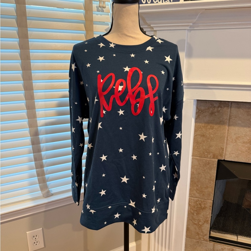 GORGEOUS blue w/ white stars “Rebs” sweatshirt